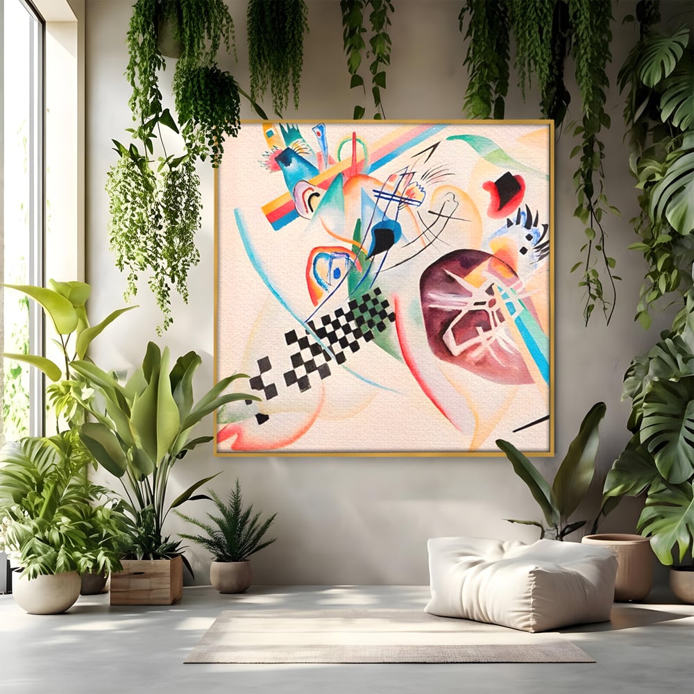 Tablou canvas cu pictura abstracta cu forme geometrice, in rama de aluminiu auriu